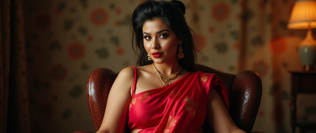 A full-body portrait of wolf cut hairstyle erotic hindu wife, sitting on chair, front facing, 4K, wide angle camera view, super realistic, huge breast, super big fake lips red lipstick super hot sexy tight figure delicious body red saree bra sexy body, full body