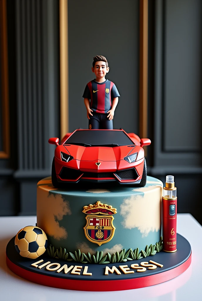 A messi themed cake with a luxury car and vape bottle and footall and perfume bottle on it

