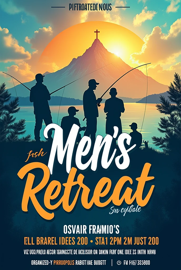 An eye-catching Men&#39;s Retreat banner, fishing and church.
Not even a legend, just the image Use this same image now with the following information:

- Men&#39;s Retreat - Registration open - Date: September 19-22 - location: Table Mountain - More information: 62 985678671 (Osvair Franco)
- Moment of communion, fun and knowledge - Organization: Pirenopolis Baptist Church