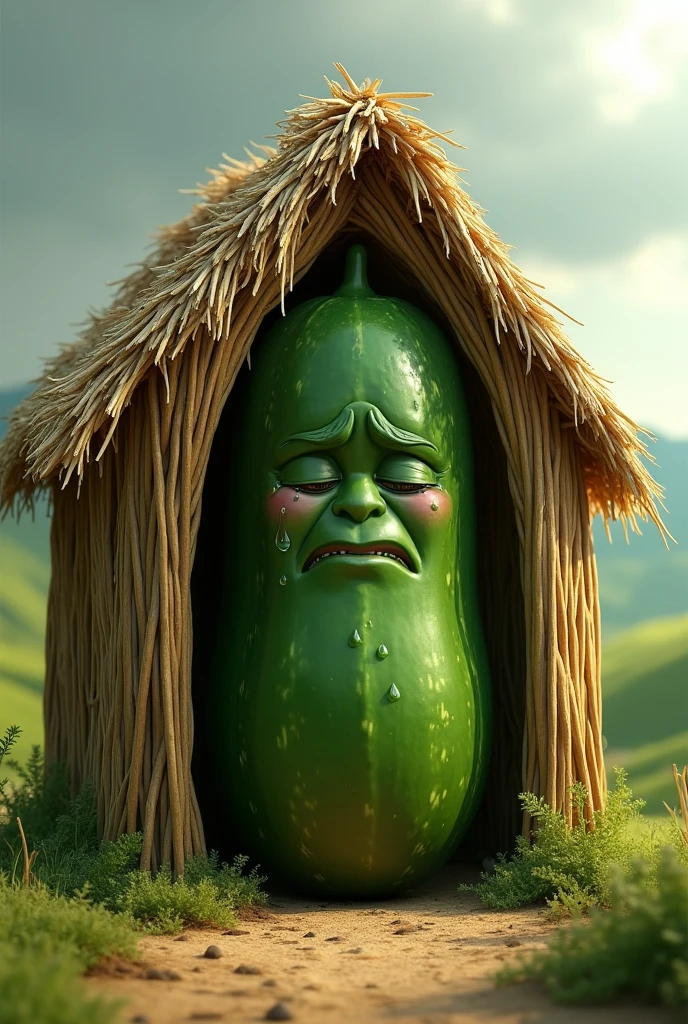 Cucumber crying behind a straw hut. It should be realistic