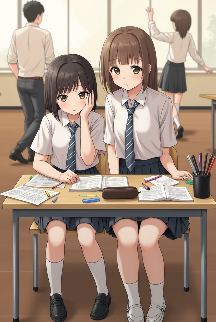 realistic, Two girls, classroom, they are sitting at school desk, There are test books, reading books, pencil cases and pens on top of their desk, girls look bored,  one is 2 centimeters shorter than the other, The short one has straight and dark brown hair. she has bangs, her eyes are brown, she is wearing a white shirt and a striped blue tie. She has a black skirt and white pantyhose. Her shoes are black The taller one has straight hair and is a lighter brown than the other one, She doesn't have bangs. her eyes are brown, wearing a white crop collar and a striped grey tie,  she has a black frilled skirt and knee-length black socks, her shoes are white. warm colors, male students fighting, female students dancing, 