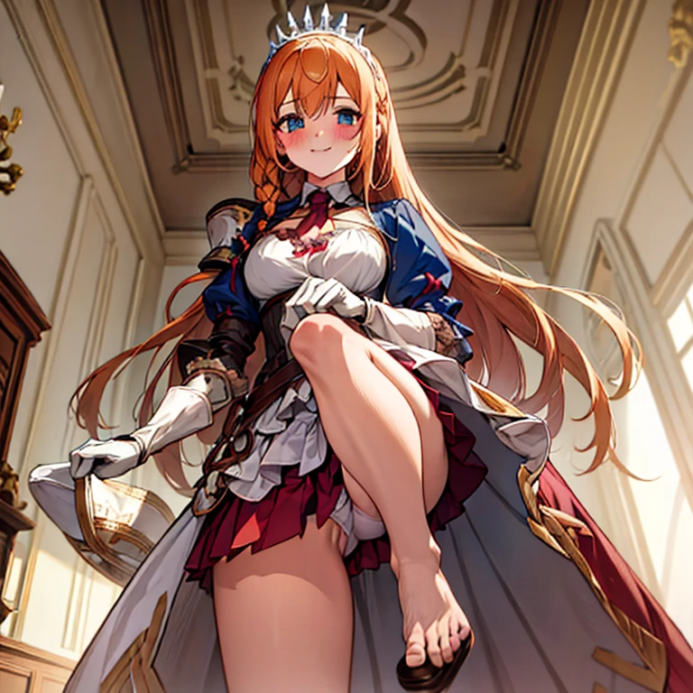 FFA, from below , leg up , sole , feet , looking at viewer ,aapeco, very long hair, ahoge, braid, tiara, hair ribbon, red ascot, cleavage, shrug (clothing), shoulder armor, white dress, short sleeves, white gloves, pleated skirt, red skirt,A seductive smile, Blushing, (Highest quality), (Sole),(Soleに射精),Lace panties,High resolution