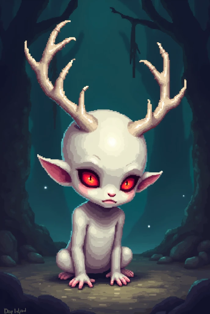 Sprites for 2d pixel ART metroidvania game, main character, pale child with red eyes and horns like a deer