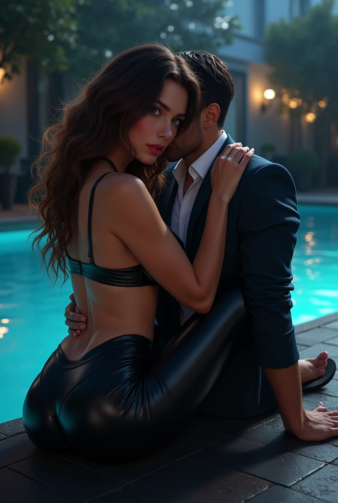 Mistress jumping on man's body ,Beautiful Mistress,brown wavy hairs, wearing black shining boot-cut pants, wearing black shining underwear, wearing black home sandals, handsome man, man wearing suit,
Pool , night