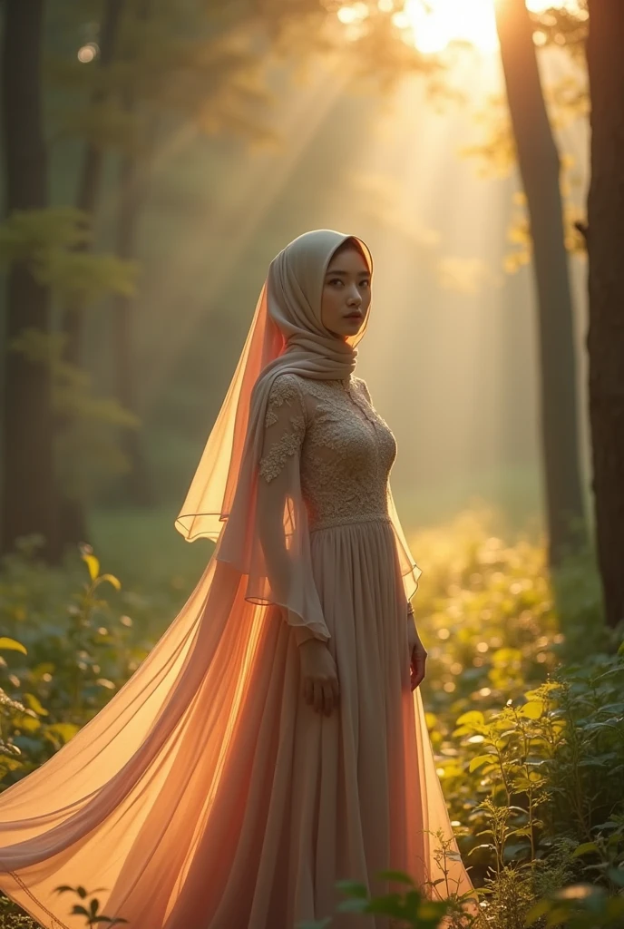 A serene and enchanting scene in a sunlit forest, featuring an Asian woman wearing long hijab flowing calm. She is wearing an elegant and delicate floral dress calm with intricate lace on the bodice and a flowing, semi-transparent skirt that catches the golden light filtering through the trees. Face facing the camera.The sunlight creates a warm, ethereal glow, casting soft shadows and illuminating the dust particles in the air, giving the scene a beautiful, almost magical feel. The lush forest backdrop with tall trees and dense foliage creates a natural frame around the woman, enhancing the sense of serenity and solitude. The overall mood of the image is one of gentle peace and beauty, reminiscent of a fairy tale or a romantic moment captured in time.