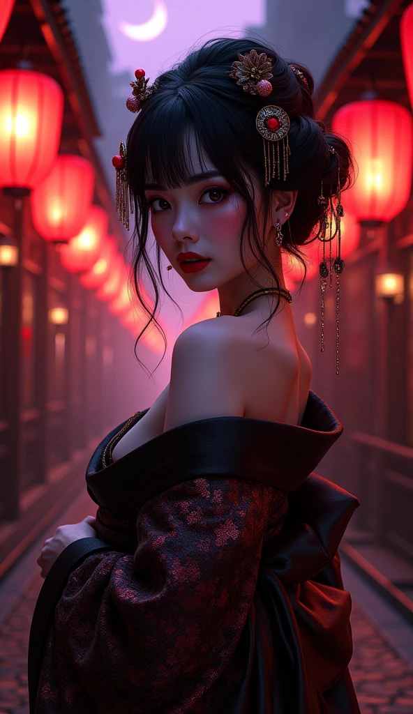 High resolution, Kyoto、Gion、Glamorous Courtesan、Glittering kimono、I can see your shoulders、Jet Black Hair、Lots of hairpins、Provocative Eyes、Black gorgeous obi、Bright red lipstick、鬠红、High clogs、Red lanterns light the way、Purple Sky、white shining moon、Gaze, Highest quality, Winner of numerous awards, High detail, Textured skin, Ultra high definition, far and near method, Chiaroscuro, Cinematic light effects, Impressionism, Super detailed,