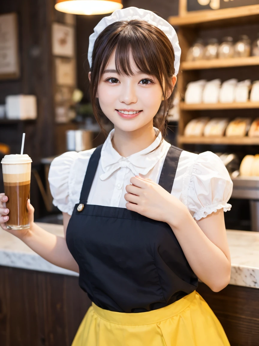 1 girl、(RAW Photos、Highest quality)、(Real、フォトReal:1.4)、Tabletop、Very delicate and beautiful、Very detailed、2k wallpaper、wonderful、Detailed、Very detailedCG Unity 8k壁紙、Super detailed、Age 25、(Yellow waitress outfit)、Pleated skirt、Frillsスカート、Big Breasts、Perfect Style、Frills、ribbon、Soft Light、Beautiful detailed girl、Bob Hair、Puff sleeves、Waitress in a café、smile、Happy Face、coffee shop