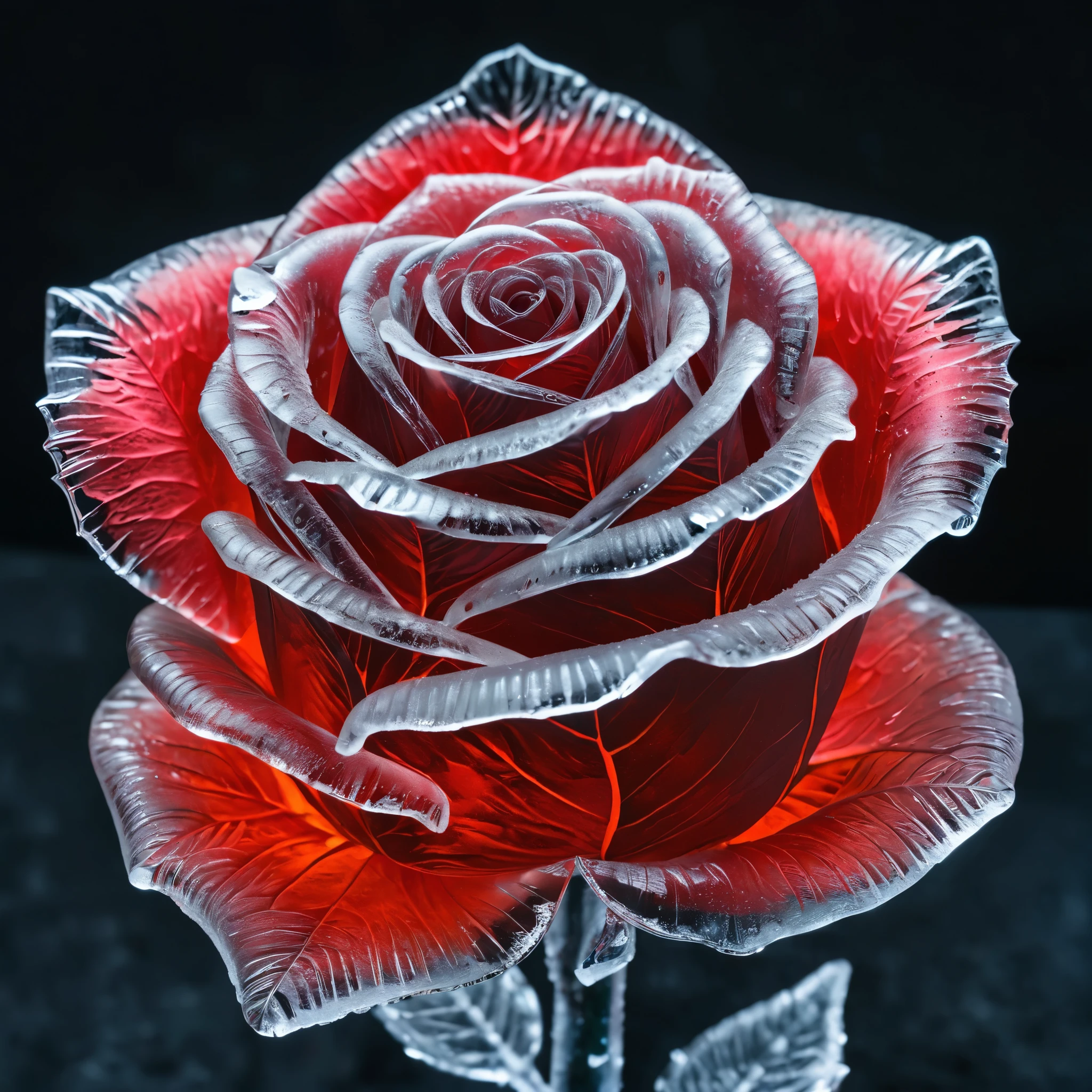 a rose made out of ice in the style of ice art, icy, ice carving, frozen art, translucent sculpture, ice texture, ice replica, glowing red neon color palette