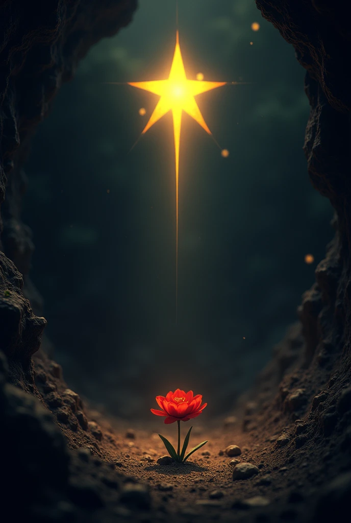 1 single bright star, time, secret, red-black, Under the ground there is a single small flower growing well protected by the star.