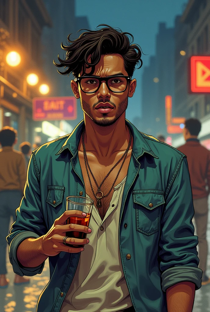 Young modern arrogant  insolent Indian
 1 drunken boy with spectacle outside nightclub  sketch image