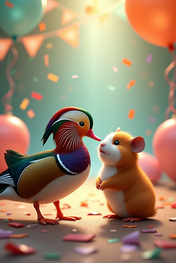 un canard mandarin et un guinea pig amoureux, à une fête colorée 