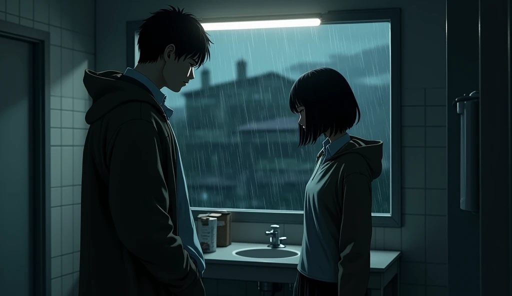 On a dark night, dark clouds of rain covered the upper part of a university. In a bathroom next to a building, traces of water stains clinged to the window. When a tall, slender young man with short dark hair, wearing a raincoat and a white shirt underneath was looking at the mirror, a woman wearing a hoodie over a white collared shirt and a black skirt with shoulder-length black hair walked out and stared at the same mirror. Because it was dark, her face was not clear.