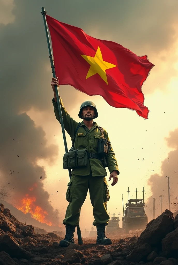 fierce battlefield, a soldier in green holding a vietnamese flag