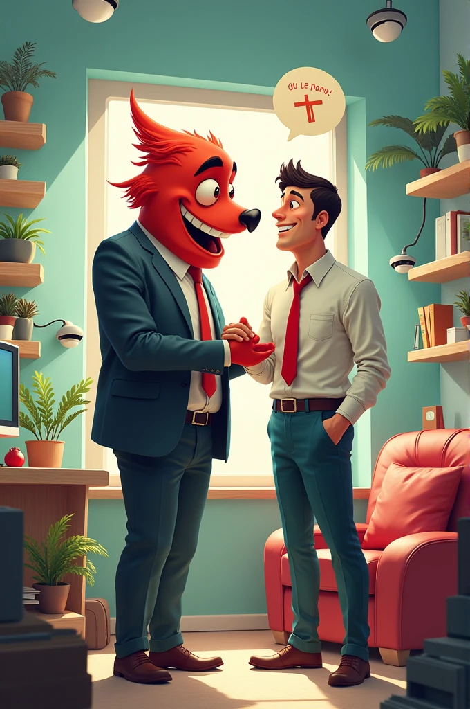an office, humidifier, a sofa, a tv,cameras, and a friendly red-eyed big-headed boss saying in Spanish God bless you and patting him on the shoulder 