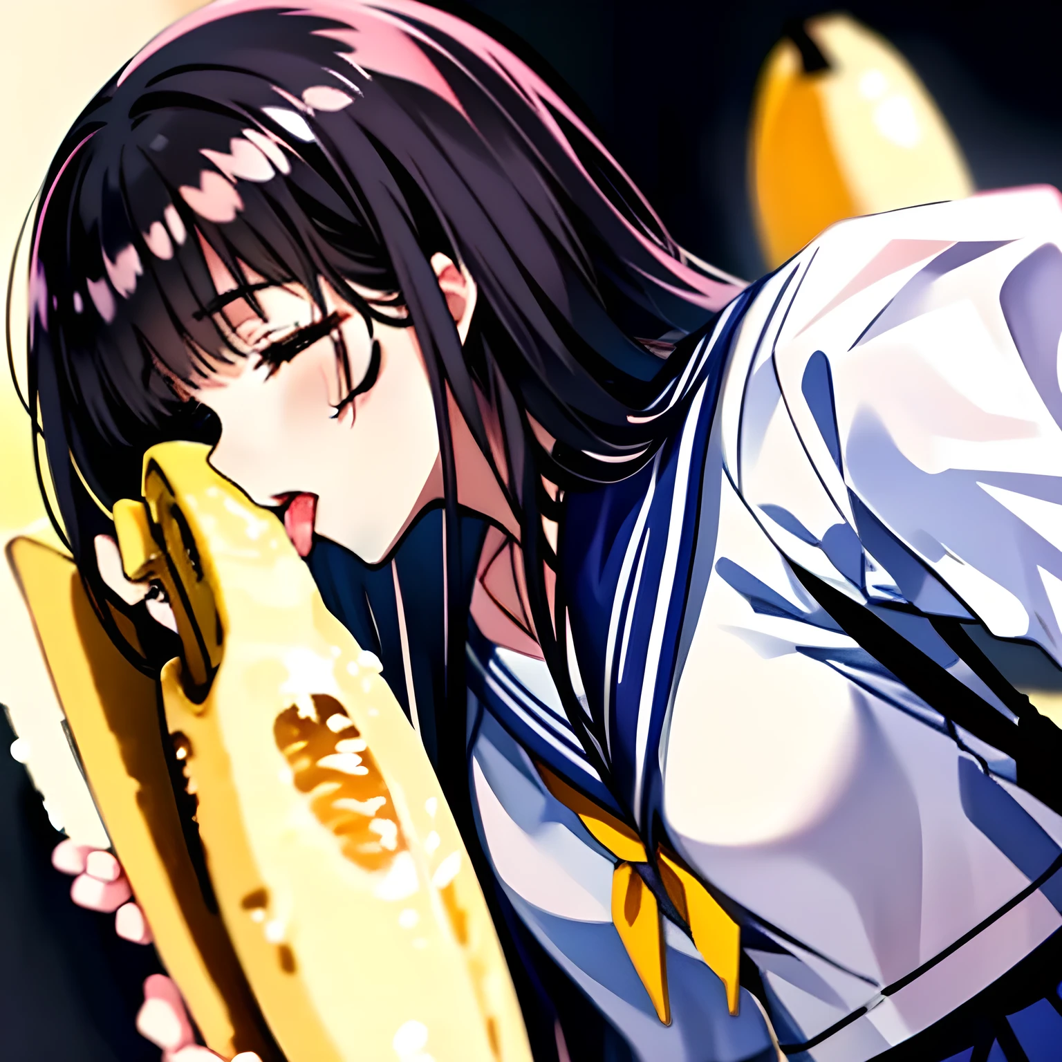 (highest quality, masterpiece, high resolution, high detail), Solo girl, Solo thin long white banana coming up from the bottom end, A female wearing black sailor-style school uniform is facing down and kissing at the top of a long banana with her tongue with her face down, (Girl whom everyone loves because of her beauty and lovely fashion and noble manner. : 1.0), (Face down: 1.0), (Black sailor-style school uniform: 1.0), Glossy atmosphere, Glossy look, Beautiful straight blue long hair, (Beautifully closed eyes with long eye-blows: 1.0), (Female kisses deeply the banana with tongue, covers it, holds it and looks at it), (The lips are touch the banana tightly), (Profile shot from the side: 1.2), (Nothing on the black background)