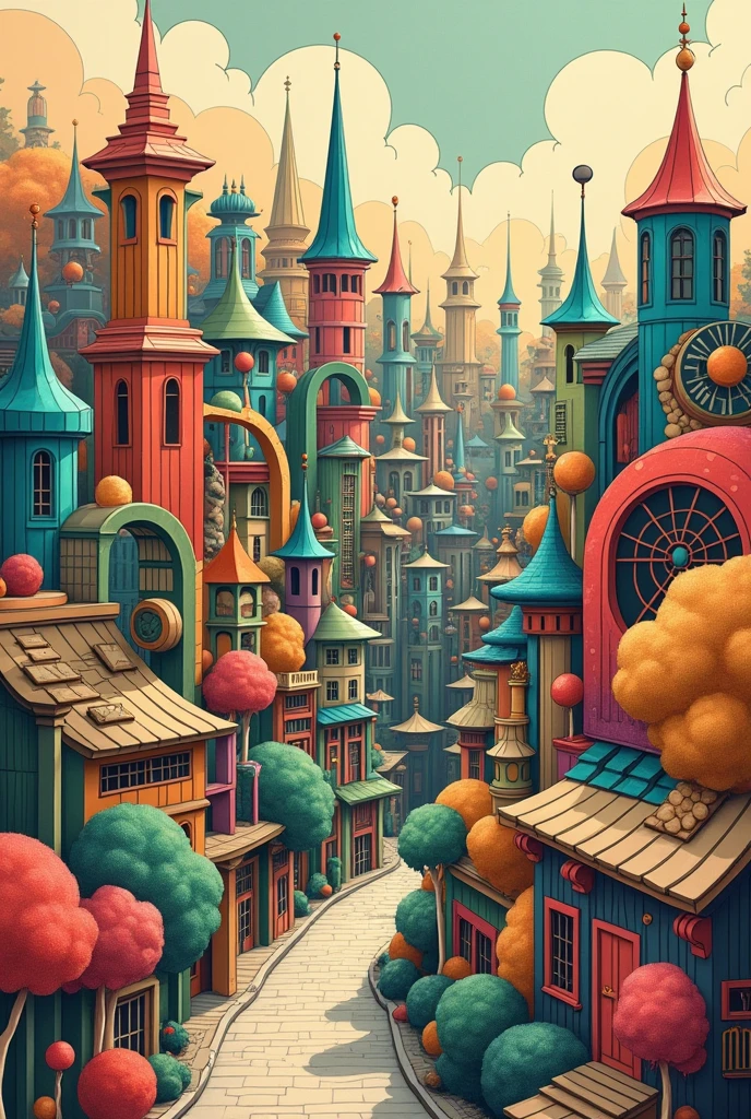 Hayao Miyazaki's art style city scenaries in abstract form