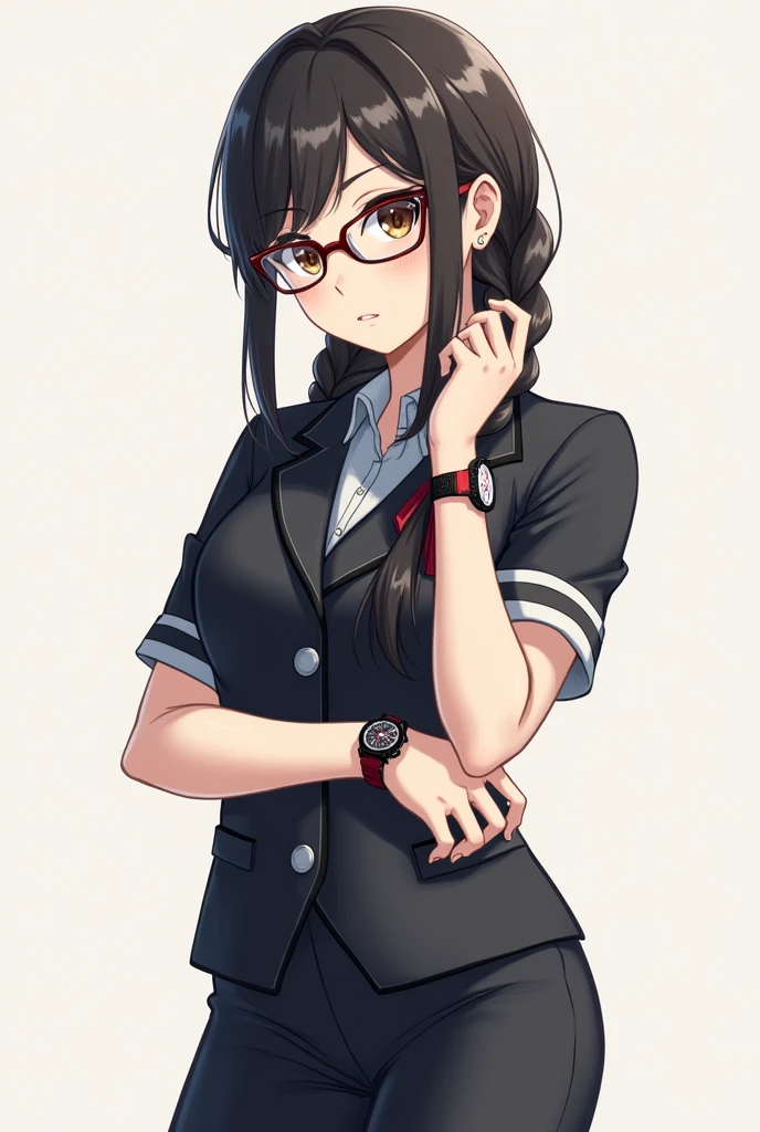 A girl with black hair wears glasses has brown eyes, her hair braided wearing a school uniform but pants instead of skirts has a red and black watch in her left hand