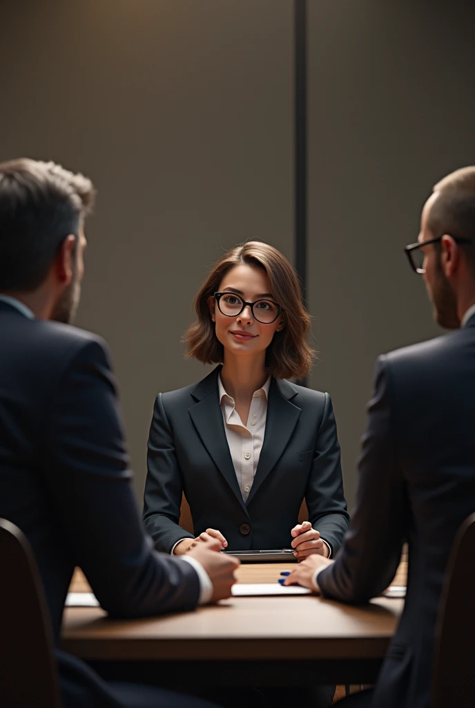 An interview scene where a panel is taking an interview of a single person they are sitting across tables 