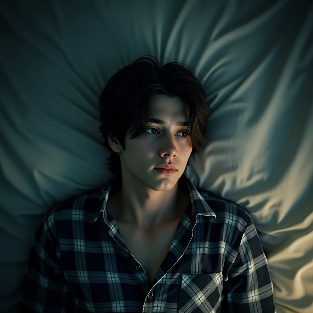 1 man, young man, 2, Leon S. Kennedy from the movie "Resident Evil 4", Eudard Badaluta's face, solo,Dark brown hair, Curtain hairstyle, plaid shirt, lying on the bed, sporty, volumetric lighting, depth of field