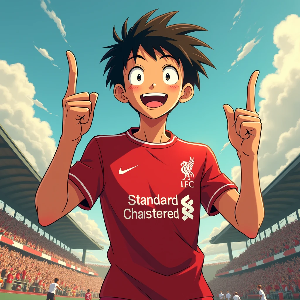 A young man smiles Toriyama Akira style and gives a two-finger salute while wearing a Liverpool shirt. standing in cartoon style illustration Detailed and colorful Dynamic photography, realistic high-quality colorful poses.