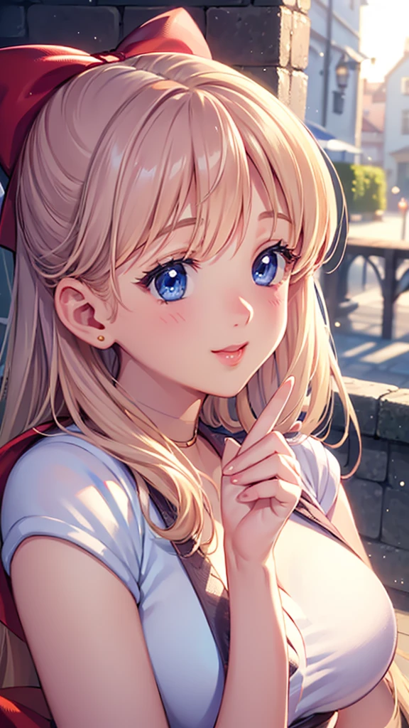 (Close-up of a woman)、((Depiction of only the upper body))、10 generations of women、Pink Lip Gloss、smile、blush、(Open the lipstick a little、High resolution、16K))、Medieval city