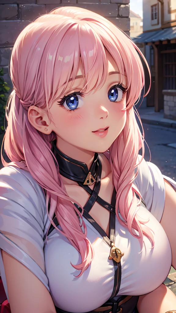 (Close-up of a woman)、((Depiction of only the upper body))、10 generations of women、Pink Lip Gloss、smile、blush、(Open the lipstick a little、High resolution、16K))、Medieval city