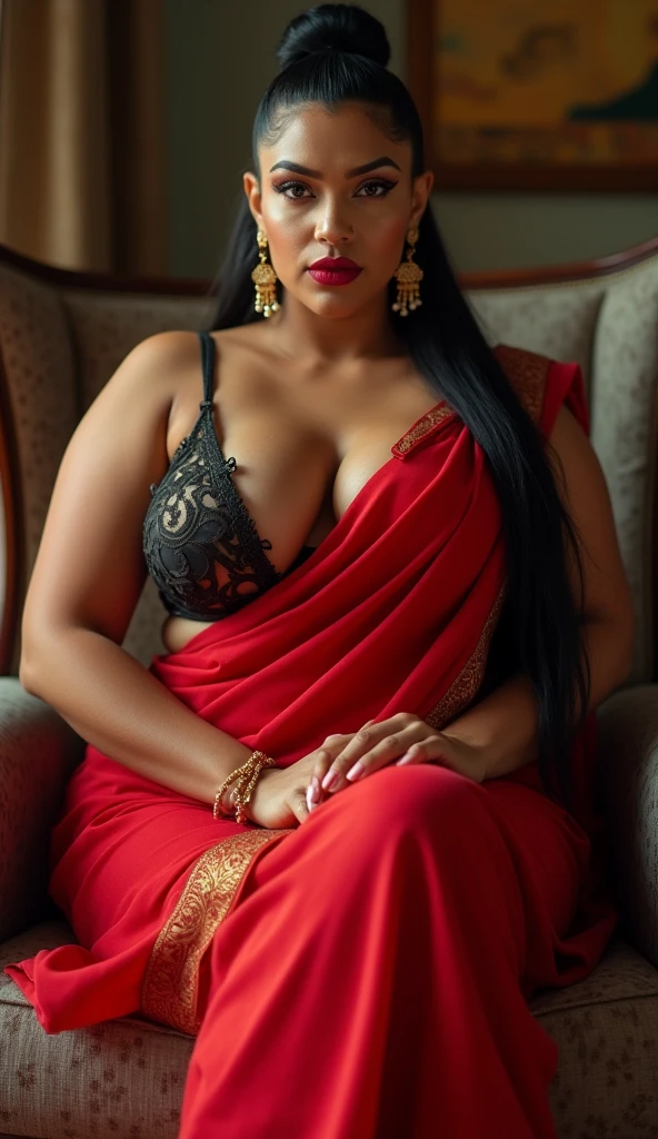 A full-body portrait of wolf cut hairstyle erotic hindu wife, sitting on chair, front facing, 4K, wide angle camera view, super realistic, huge breast, super big fake lips red lipstick super hot sexy tight figure delicious body red saree bra sexy body, full body