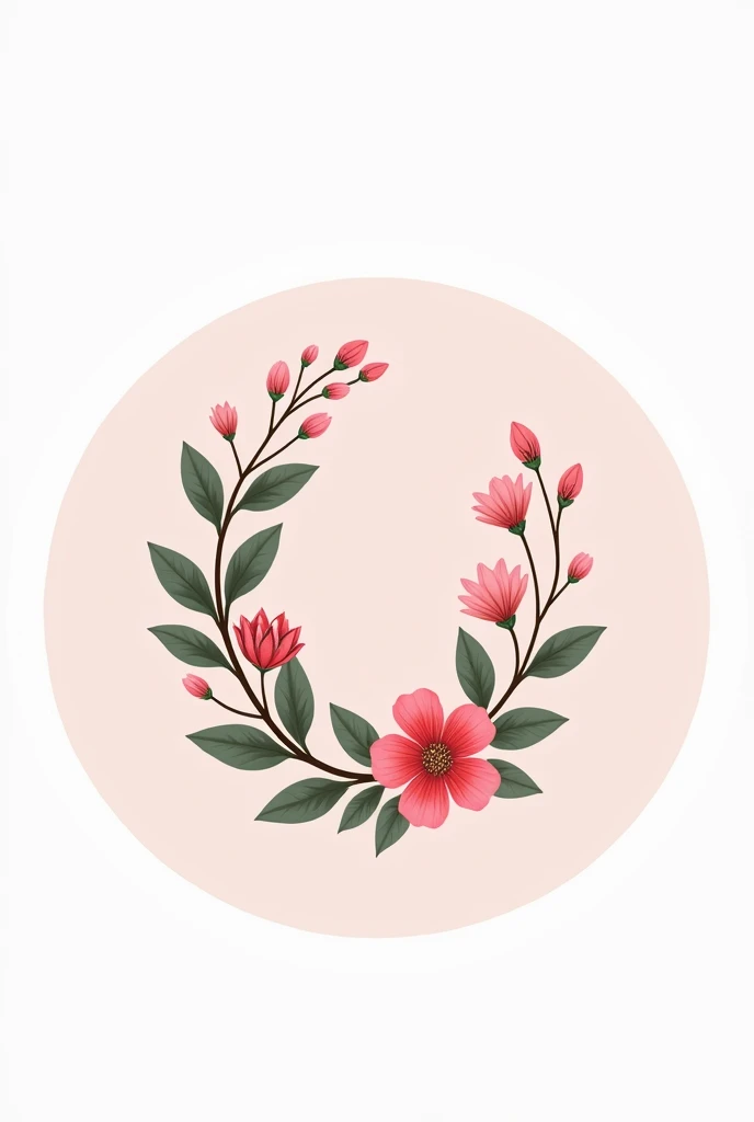 Round logo in pink color, around branch leaf and flowers