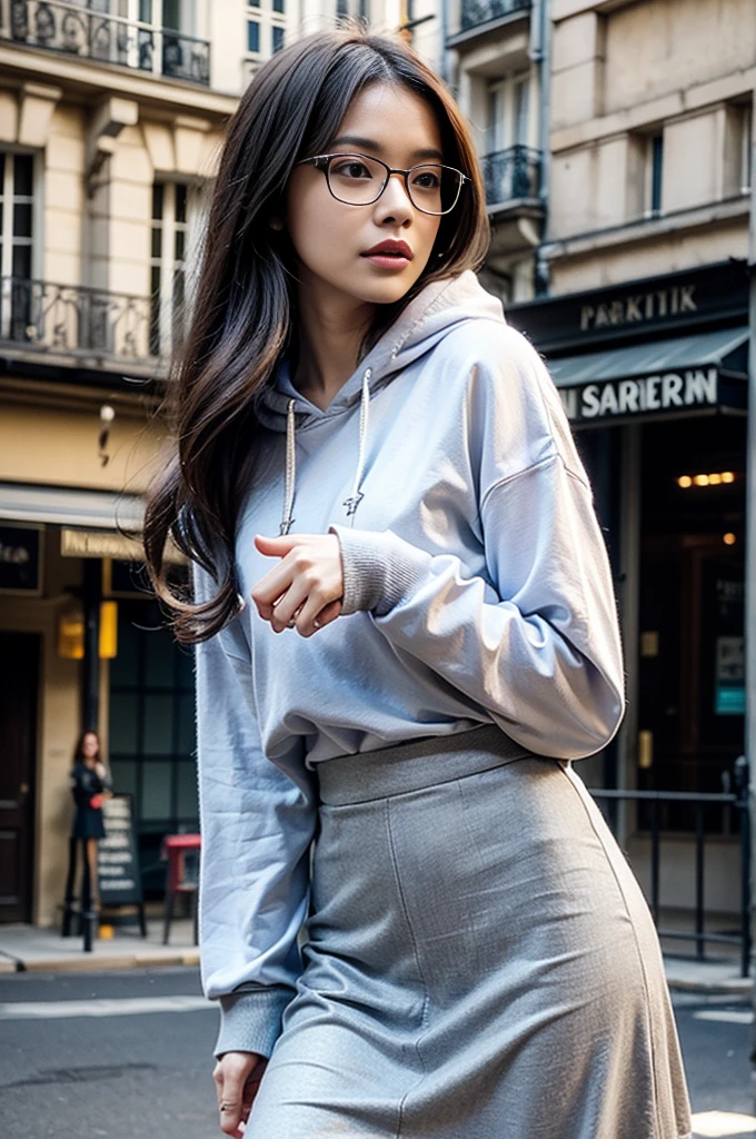 Photo of a beautiful woman standing on a street corner, (masterpiece:1.2, highest quality), (Realistic, photoRealistic:1.4), Beautiful illustrations, (Natural Side Lighting, Cinema Lighting), Written boundary depth, Beautiful thighs staring at the viewer, (((Face Focus, Upper Body))), 1 female, 30-year-old, alone, thin, slender, small breasts!!!, Long hair, Straight hair, thin, slender, (((glasses))), hoodie, long sexy skirt, Are standing, Paris on a clear day with park in the foreground