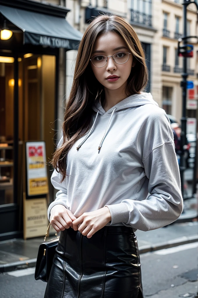 Photo of a beautiful woman standing on a street corner, (masterpiece:1.2, highest quality), (Realistic, photoRealistic:1.4), Beautiful illustrations, (Natural Side Lighting, Cinema Lighting), Written boundary depth, Beautiful thighs staring at the viewer, (((Face Focus, Upper Body))), 1 female, 30-year-old, alone, thin, slender, small breasts!!!, Long hair, Straight hair, thin, slender, (((glasses))), hoodie, long sexy skirt, Are standing, Paris on a clear day with park in the foreground
