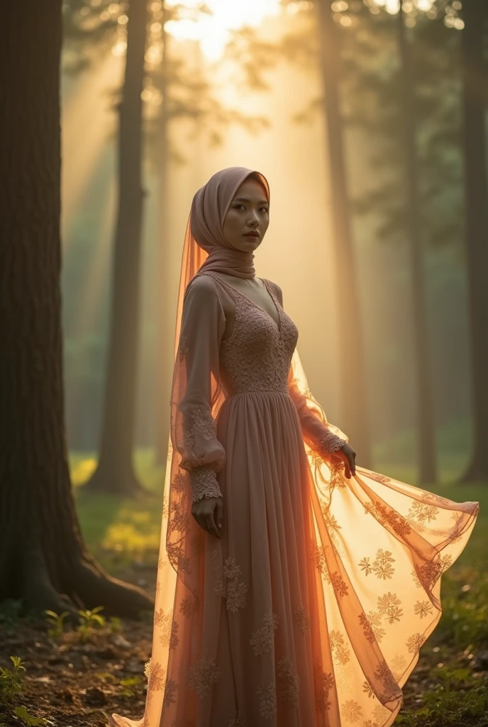 A serene and enchanting scene in a sunlit forest, featuring an Asian woman wearing long hijab flowing calm. She is wearing an elegant and delicate floral dress calm with intricate lace on the bodice and a flowing, semi-transparent skirt that catches the golden light filtering through the trees. Face facing the camera.The sunlight creates a warm, ethereal glow, casting soft shadows and illuminating the dust particles in the air, giving the scene a beautiful, almost magical feel. The lush forest backdrop with tall trees and dense foliage creates a natural frame around the woman, enhancing the sense of serenity and solitude. The overall mood of the image is one of gentle peace and beauty, reminiscent of a fairy tale or a romantic moment captured in time.