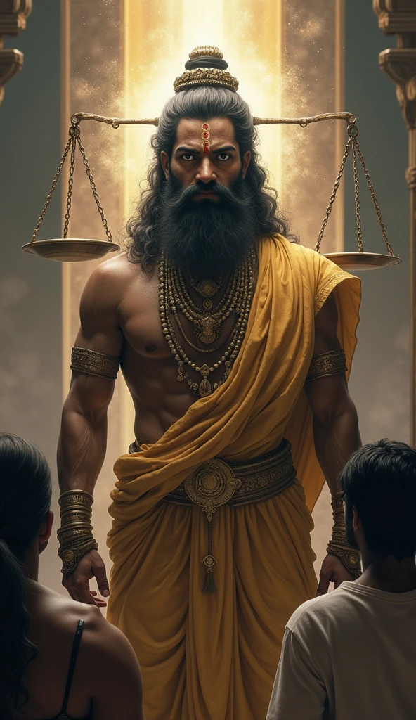 “From that day forward, Shani Dev uses his gaze with a sense of duty and justice. He is depicted looking at various individuals, his gaze no longer harsh without reason but measured and fair. The background shows a balance scale, symbolizing justice, with a divine light shining down, highlighting Shani Dev’s commitment to using his power wisely, delivering results according to people’s karma rather than causing unnecessary suffering.”