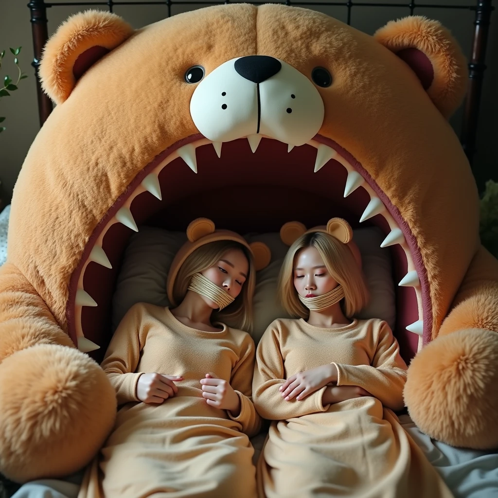 A 2 beautiful Asian woman is wearing a blonde bear kigurumi costume is bound and gagged in a teddy bear themed sleepbag that is inside the mouth of a huge brown teddy bear plush, the plush is large occupying most of the picture, the woman appears to be relaxed. The teddy bear is appearntly attempting to eat the woman in her sleep bag