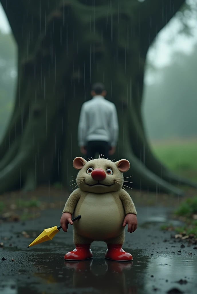 A fat mole doll standing on two legs, with a red nose, wearing red shoes and short legs, standing far away with a yellow umbrella in front of a big tree on a dark and rainy day. Its face looks strangely scary, its eyes are hard. To the left of the camera, a man wearing a white shirt and long black pants is facing it. The student is only seen with his shoulders very close to the camera. The camera focuses on the mole and blurs the man. Horror theme.
