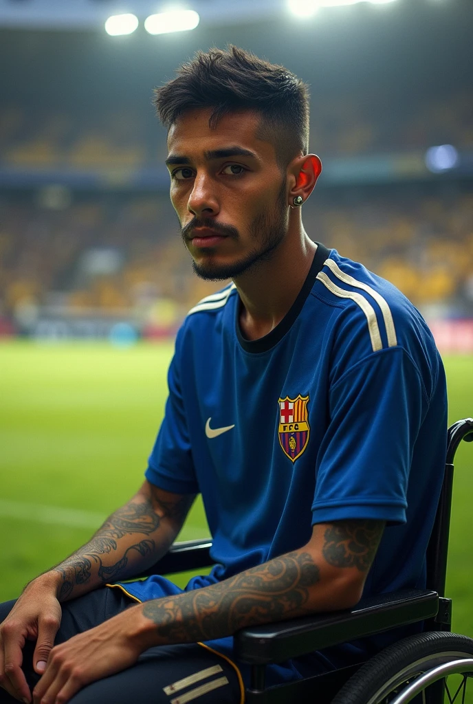 Javier, twenty six years old Colombian man, sad and deep look - Thin body due to his Leukemia - Tattooed arms - Soccer field stadium - With a blue shirt, his favorite team 'boca junior'-black expanders or piercings in your ears - Short hair - Dark circles under his eyes - Sitting in a wheelchair - Looking at the camera to speak directly 