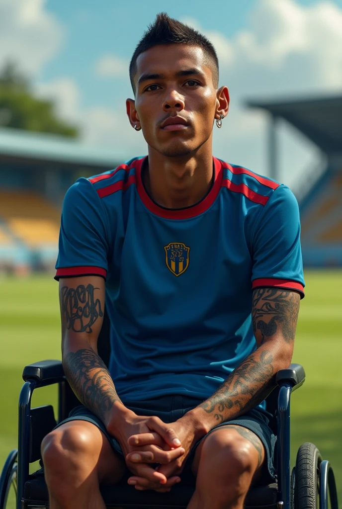 Javier, twenty six years old Colombian man, sad and deep look - Thin body due to his Leukemia - Tattooed arms - Soccer field stadium - With a blue shirt, his favorite team 'boca junior'-black expanders or piercings in your ears - Short hair - Dark circles under his eyes - Sitting in a wheelchair - Looking at the camera to speak directly