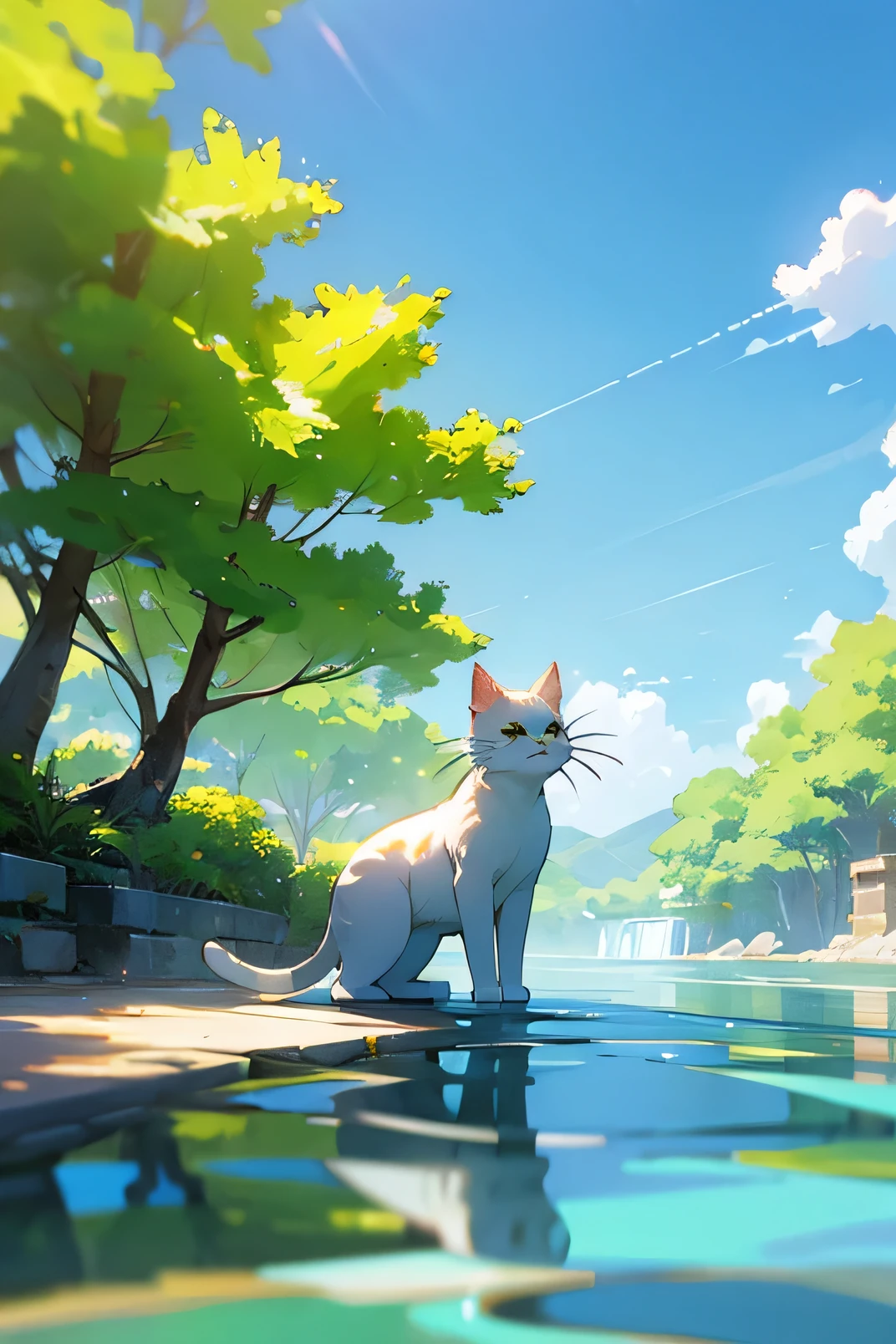 Crystal clear water、Cat standing upright、bright、Summer-like sky、Water flow around a cat、Game-like、Uplifting、Three-dimensional