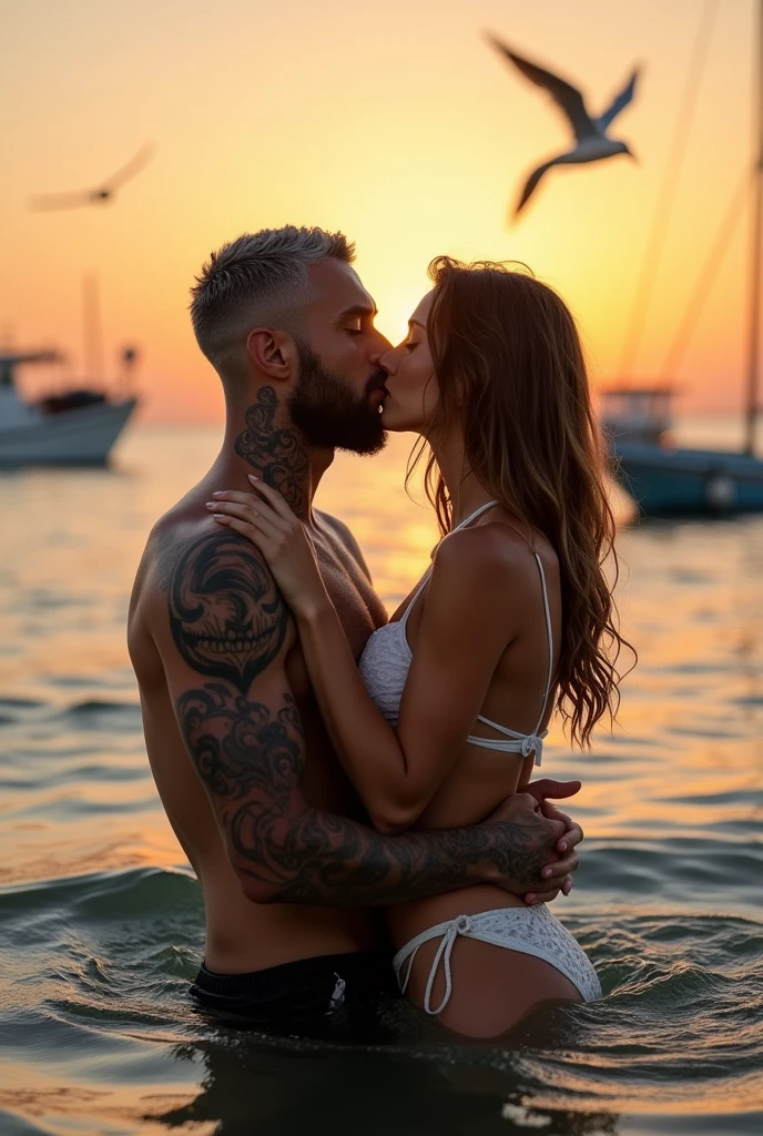 Realistic photography long shot full view couple in love inside the sea kissing Handsome man with shaved gray hair and short beard with skull tattoos carrying on his back and kissing a Persian woman with beautiful face long light brown hair with waves on the man&#39;s back both dressed in swimsuits and bikinis at a sunset with seagulls and boats in the distance 