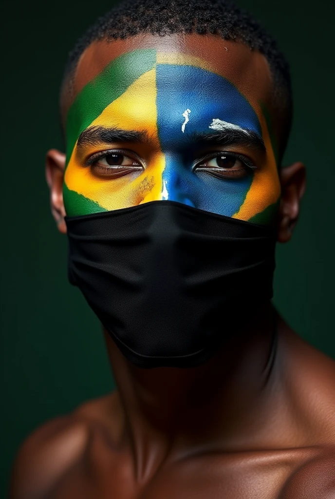 A sexy black man with his face painted with the colors of the Brazilian flag and he is gagged by a judge with a black Torga