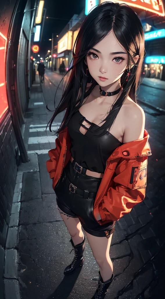(((8k wallpaper of extremely detailed CG unit:1.2, masterpiece, hight resolution:1.2, top-quality:1.2, masutepiece))), ((a very beautiful woman, Hands in pockets:1.8, Street fashion:1.2, wearing a colorful jacket:1.2, Wearing boots)), ((extra detailed face, Highly detailed black eyes, extra detailed body, Top quality real texture skins)), (Red Straight Hair:1.2, de pele branca, Small, exposed shoulder), ((Empty alley, Mileland. natta, Neon Street)), (high-angle, a closeup, Fisheye:1.3), hyper realisitic, digitial painting, peituda