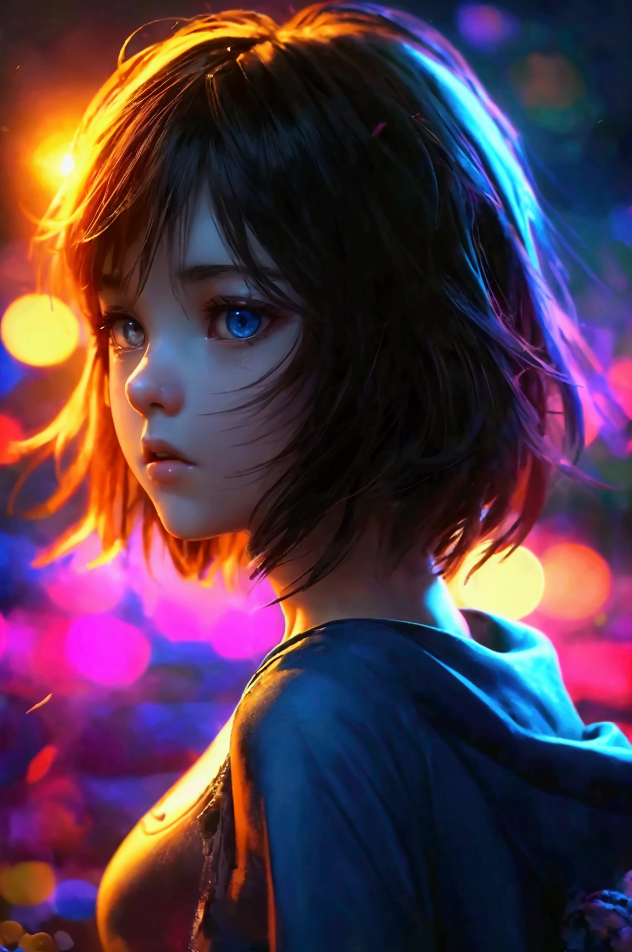 fullbody, Masterpiece, best quality, (highly detailed CG unity 8k wallpaper), (best quality), (best illustration), (best shadows), highly detailed((best quality)), ((masterpiece)), (detailed),masterpiece, best quality, fullbody, stunning innocent symmetry face, emotional, cute teenage girl in the distant, fullbody,terrified, terrifying dark and creepy night,