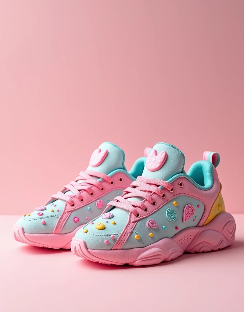 An almost realistic image of sneakers inspired by candies and sweets creates a unique model of candy sneakers
