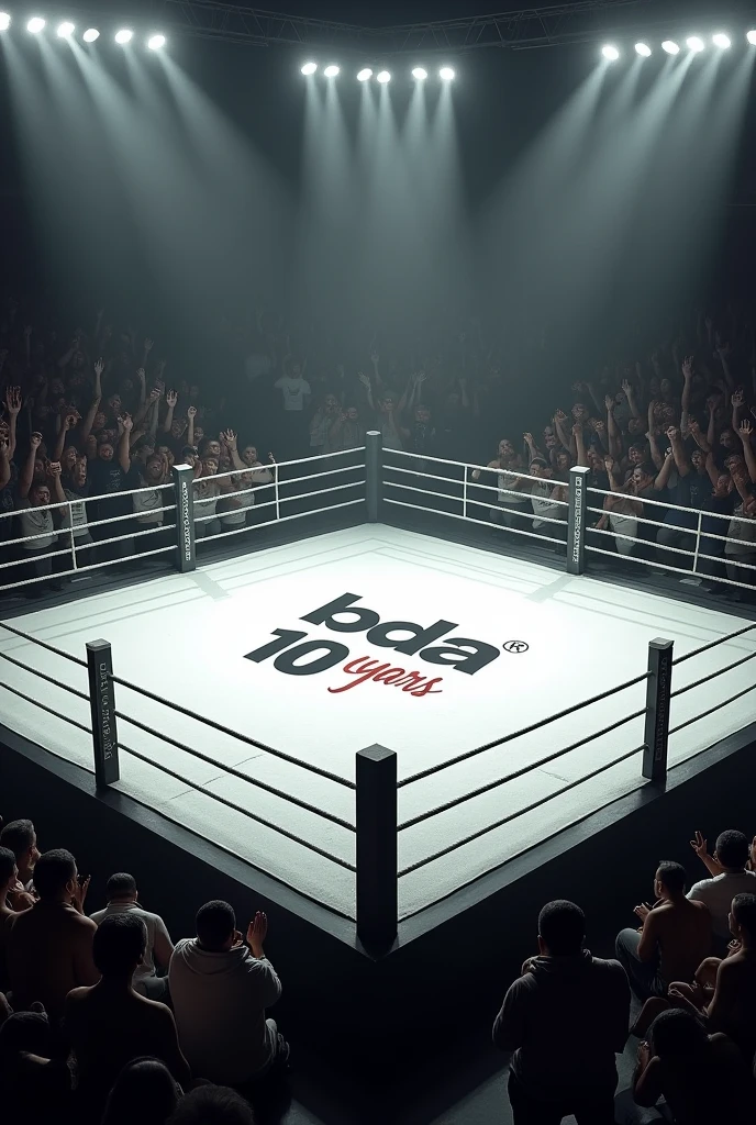 Fighting ring, the stage is white and in the center the following words are written in Portuguese (" BDA 10 years") . Instead of ropes are bars . The posts are black and the following words are written on them in Portuguese ("BDA 10 years"). The ring is empty with no fighters and the audience is cheering wildly and we are seeing the ring in first person as if we were inside in first person we have a view from inside the ring