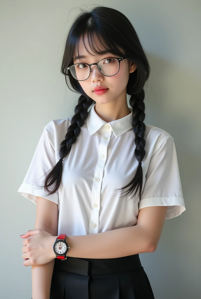 A girl with black hair wears glasses has brown eyes, her hair braided two side wearing a school uniform but pants instead of skirts has a red and black watch in her left hand