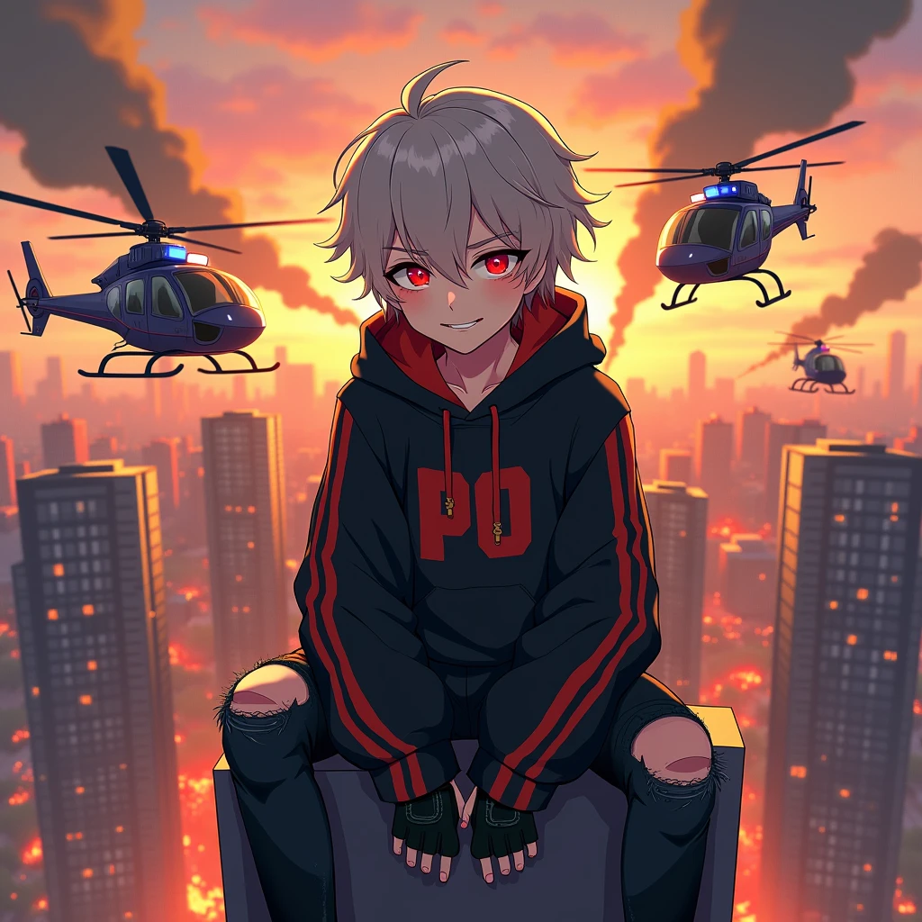 ((Hair: Grayish blonde, short-curly styled)), ((Appearance: Fair-Skinned boy, around 160cm's height, lean)), ((Eyes: Bright Scarlet-red, black sclera)), ((Clothes: Black long-sleeved hoodie with red stripes)), ((Under clothes: Black ripped jeans and black boots)), ((Face: Cute, young teenager of 16 years-old)), ((Action: Sitting on top of a building with a mischievous grin on his face)), ((Accessories: Black fingerless glove's)), ((Facial Expression: Mischievous, cute, soft blush)), ((City: Modern stiled, on fire)), ((Location: city, surrounded by police helicopters)), ((Helicopters: police-styled with police officers on it with guns)),