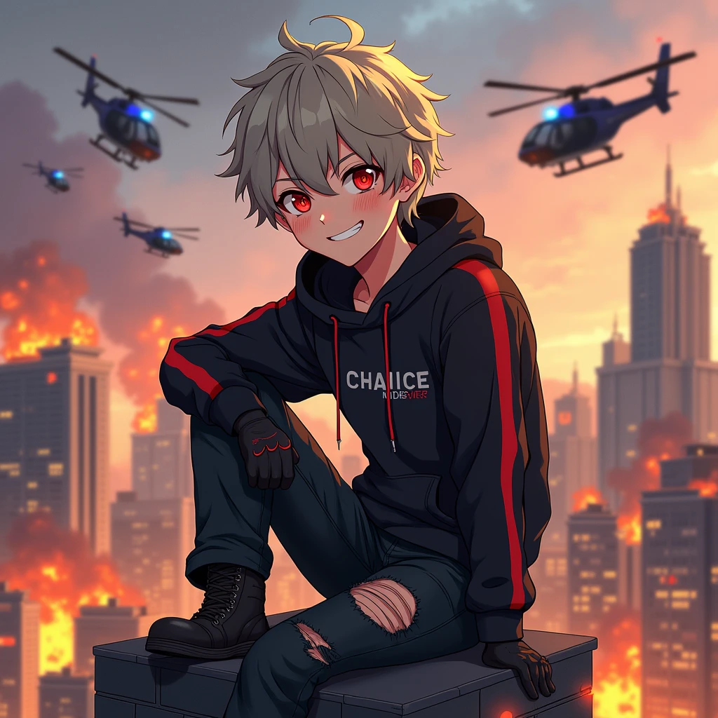 ((Hair: Grayish blonde, short-curly styled)), ((Appearance: Fair-Skinned boy, around 160cm's height, lean)), ((Eyes: Bright Scarlet-red, black sclera)), ((Clothes: Black long-sleeved hoodie with red stripes)), ((Under clothes: Black ripped jeans and black boots)), ((Face: Cute, young teenager -old)), ((Acn: Sitting on top of a building with a mischievous grin on his face)), ((Accessories: Black fingerless glove's)), ((Facial Expression: Mischievous, cute, soft blush)), ((City: Modern stiled, on fire)), ((Location: city, surrounded by police helicopters)), ((Helicopters: police-styled with police officers on it with guns)),