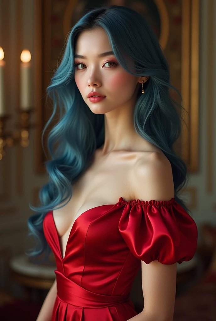 Best quality,8K,A high resolution,Masterpiece:1.2, DSLR, 16k ),Ultra-detailed,(Realistic,Photorealistic,photo-realistic:1.37),Portrait, Creative style artwork, Historical, classical, Sophisticated, plethora of colors ,Highly detailed, Soft lighting, luxurious environment , there is young woman , girl wearing a red silk classy royal dress, performing a music video, slim fit (oval perfect shape, asymmetrical face structure, perfect proportion, almond eye type, hazal eye color, detailed eyes, blue hair color, 32 inch breasts, hourglass figure, slim body, pale white skin tone ,sexy girl, 2, soft wavy hair, looking away, attitude expression, professional makeup, pink lips, stand girl, show hip