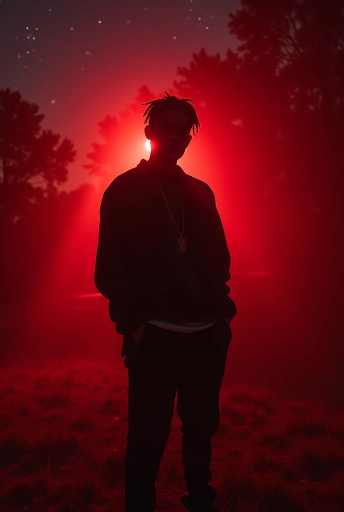 I am a rapper my stage name is REDD .
Create a YouTube background art for me .
With red vibes. Like standing in night in nature and red lights are cooming from a point to me . Make face full balck and dress visibe