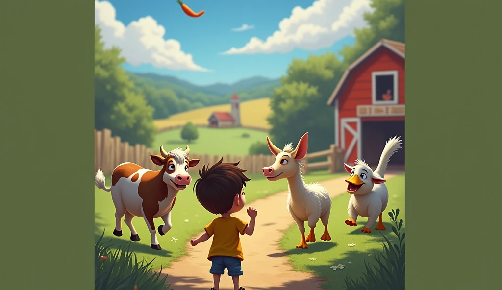 Listen up everyone! We're gonna have a race. The first to reach the barn will win a delicious prize.: fresh carrots!", announced Lucas, a boy in a yellow shirt . All the animals became very excited.. Berta the cow wagged her tail, The sheep Leah began to jump, Duck quacked happily and cat stretched.