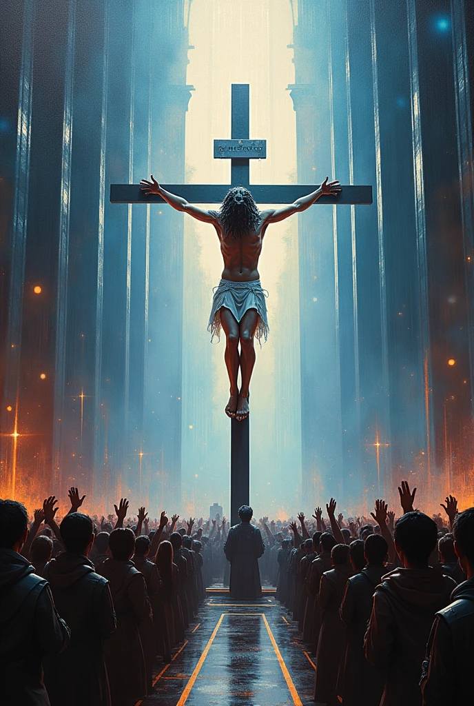 Out-of-this-world impressionist oil painting of an awe inspiring cyber Christ hanging from a techno cross ::5 The Jesus on the cross has intricate futuristic cybernetic implants, and faces a congregation exulting believers, who worship him. The crowd stands in adoration of Him, hands risen. Inside a huge futuristic techno cathedral ::4 The mood is futuristic, ceremonial, grandiose. Cyber punk, sci-fi, neo-futuristic. ::3 Dark ambience, light rays shine from the tall stained glass windows, volume lighting, dramatic lighting, cinematic lighting. Ultra wide shot, DOF. impressionist, oil on canvas, in the style of Claude Monet ::3 This an evocative representation of technology as the new faith of humanity, by showing people praying at the altar of technology to a techno Christ, in a traditional impressioniti style. ::2 –no wings, mockup, bad anatomy, text, signature, watermark, username, low resolution, worst quality, low quality, jpeg artefacts, blurry, cropped, badly framed –ar 5:7 –c 70 –seed 09493571 –s 600